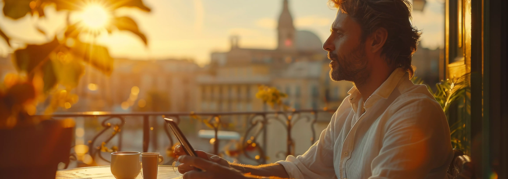 Homme assis à la table, soleil couchant , dans une résidence de tourisme, en regardant sa tablette.