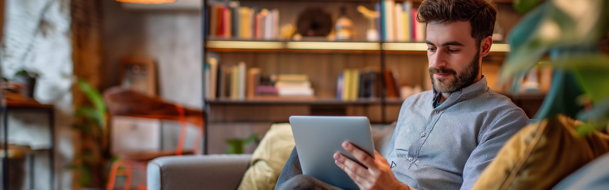 Homme utilisant une tablette assis sur un canapé.